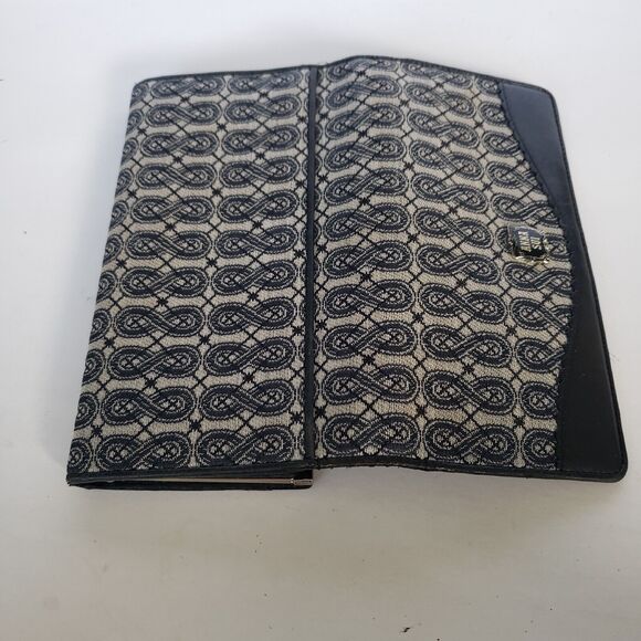 Anna Sui Wallet Clutch Gray Black Envelope Leather Canvas Boho Geometric Large - Picture 8 of 12